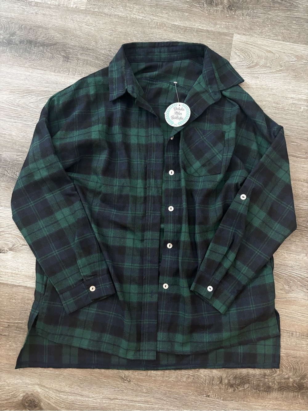Boutique Flannel Dark Green and Black Plaid Button-Up Shirt